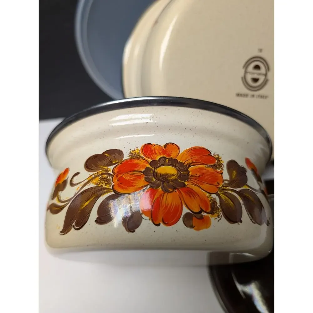 Vtg 70s Moneta Enamelware Pot Pan Set w/Lids 2 Cream Orange Brown Floral 6pc NEW